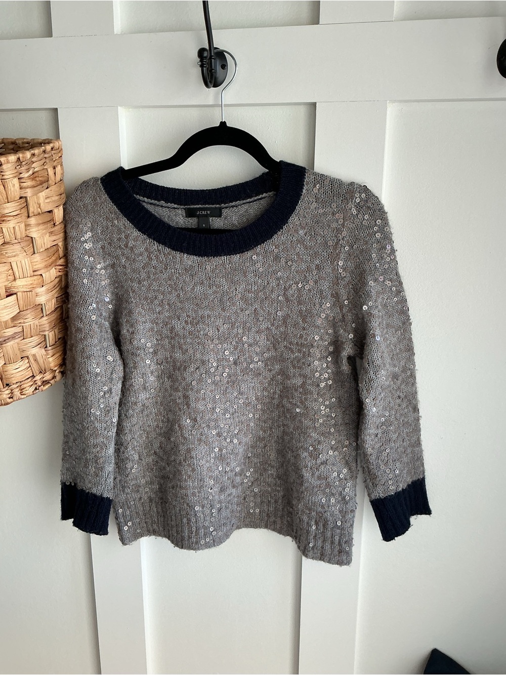 J. Crew Gray Sequin Crewneck Sweater with Navy Trim